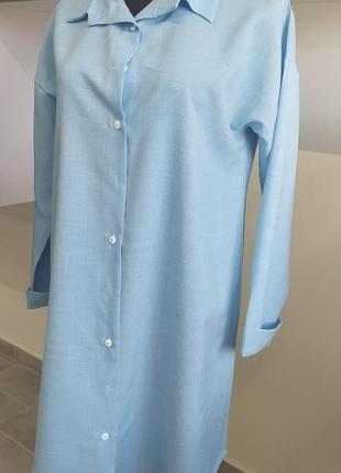 Голубое платье-рубашка из смеси льна4 фото