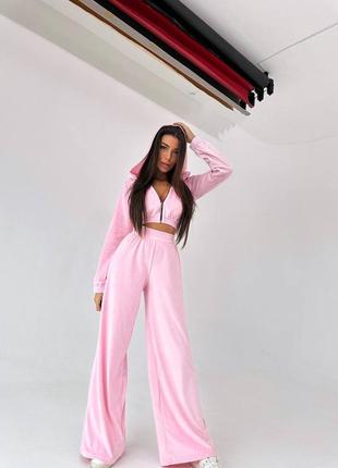 Плюшевый костюм спортивный повседневный розовый бежевый широкие брюки кофта на молнии6 фото