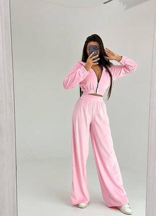 Плюшевый костюм спортивный повседневный розовый бежевый широкие брюки кофта на молнии9 фото