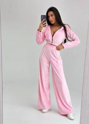Плюшевый костюм спортивный повседневный розовый бежевый широкие брюки кофта на молнии5 фото