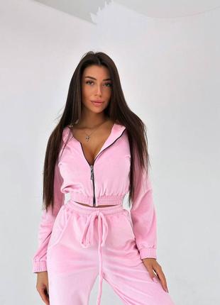 Плюшевый костюм спортивный повседневный розовый бежевый широкие брюки кофта на молнии10 фото