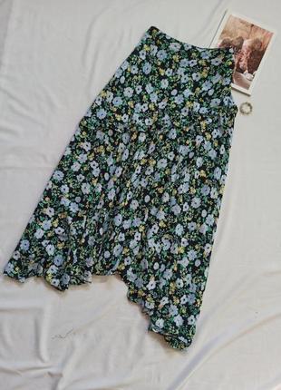 Зелёная юбка миди в цветочный принт с разрезом/вырезом