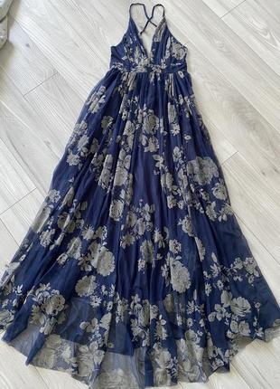 Вечірня сукня максі у підлогу плаття сітка з квітами оголеною спинкою випускна