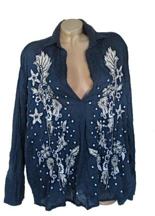 Брендовая вышиванка l-хl zara блуза рубашка женская хлопок вишиванка синяя б/у