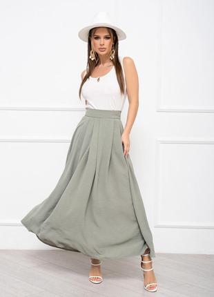 Оливковая текстурированная юбка со сборками1 фото
