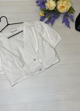 Блуза укорочена біла з ґудзиками у камінцях zara2 фото