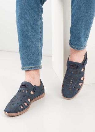 Стильные синие мужские летние туфли босоножки сандалии на липучке дышащие