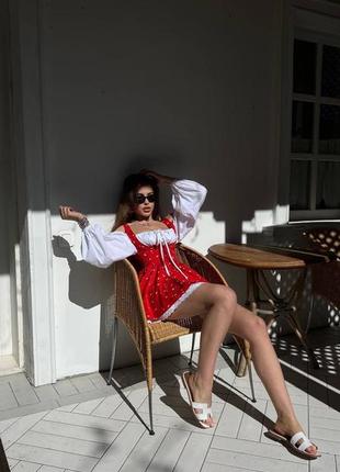 Сукня сарафан з ліфом, пишними рукавами і спідницею, обробленим прошвою з бавовни5 фото