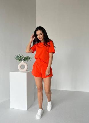 Женский костюм классический спортивный спорт повседневный удобный качественный шорты шортики и + футболка оранжевый2 фото