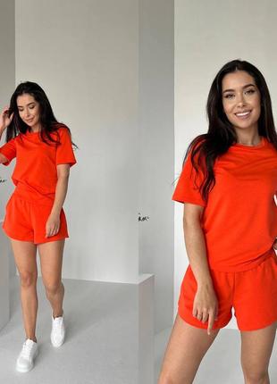 Женский костюм классический спортивный спорт повседневный удобный качественный шорты шортики и + футболка оранжевый6 фото