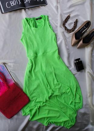 Трендова яскрава неонова салатова сукня в рубчик1 фото