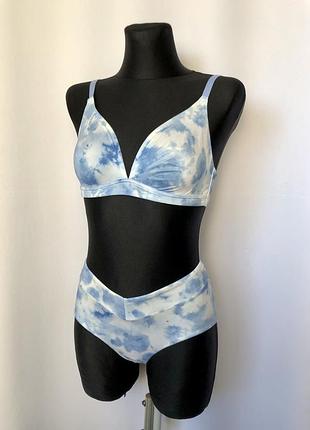 Омбре голубой набор s-m комплект белье из микрофибры бра без чашек трусики принт облака