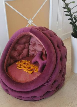 Домок лежачик для собак і кішок 50 см фіолетовий велюр, іграшка-кошточка