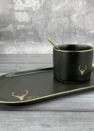 Керамічна чашка з блюдцем black deer чорна