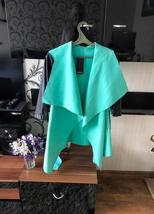 Пальто кардиган,колір бірюзовий кашеміровий з шкіряними рукавами