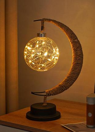 Світильник на батарейках нічник у формі місяця niki light металевий каркас та конопляна мотузка теплий білий