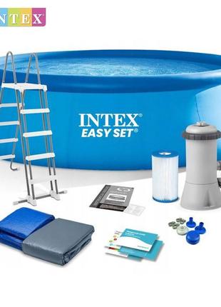 Круглий надувний басейн intex 26166 np. насос, сходи та тент у комплекті. розміром 457x107см, об'єм 12430л