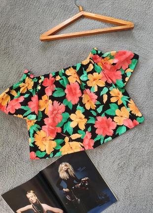 Стильный качественный хлопковый топ блуза кроп топ цветы открытые плечи new look
