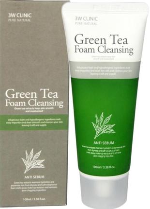 3w clinic green tea foam cleansing пенка для умывания с экстрактом зеленого чая, 100 мл