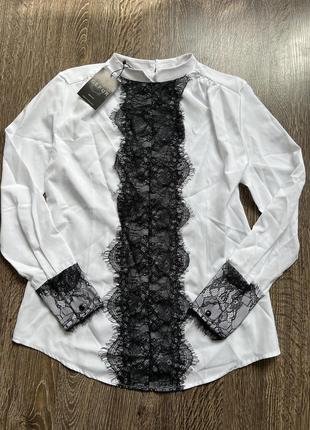 Жіноча рубашка, блуза легка біла з чорним мереживом gepur s1 фото