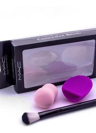Набір для макіяжу mac (кисть + спонж + щітка для очищення кистей)