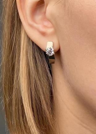 Серебряные серьги 925 пробы с золотыми пластинами 375 проби вставка цирконий