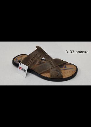 Мужские кожаные шлепанцы diesel оливка