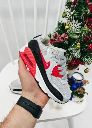 Детские кроссовки nike air max 90 light grey red black светло-серые с красным9 фото