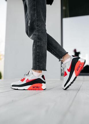 Детские кроссовки nike air max 90 light grey red black светло-серые с красным4 фото