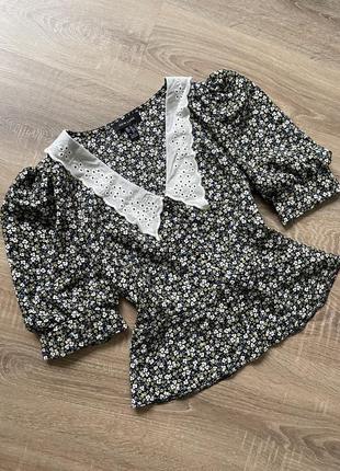 Нова вінтажна блуза сорочка топ з комірцем обємні рукава в квітковий принт на гудзиках new look3 фото