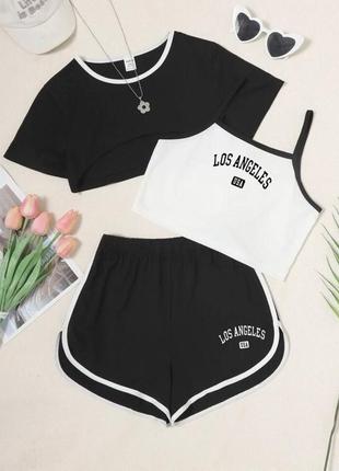 Женский костюм классический спортивный спорт повседневный удобный качественный шорты шортики и майка + топ топик черный