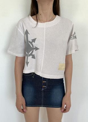 Vintage y2k tribal avantgarde white crop top винтаж женский топ футболка в стиле авангард ю2к трайбл белый кофта размер м