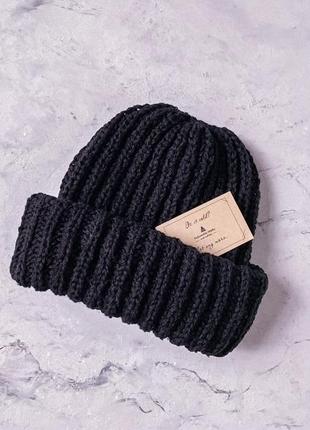 ❄ вязаный комплект, шапка и варежки черного цвета, шапка такори ❄4 фото