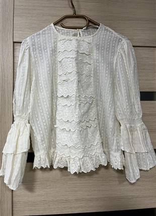 Блуза молочная светлая красивая нарядная романтичная zara premium denim collection4 фото