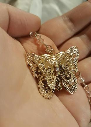 Кулон подвеска медальён бабочка на цепочке блестит сердечко женское украшение