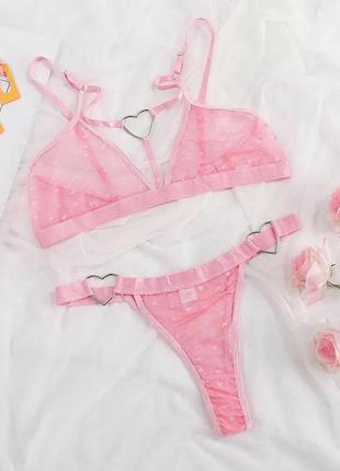 Сексуальный розовый прозрачный комплект женского белья с сердечками3 фото