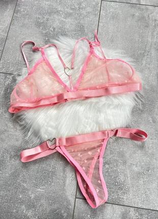 Сексуальный розовый прозрачный комплект женского белья с сердечками2 фото