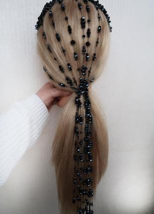 Прикраса-обруч на голову з пасмами(прядочками) чорно і чорно графітовий відблиск