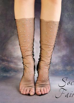 Носки в стразы прозрачные из фатина черные/носки сетка/носки кружевные/socks fairies