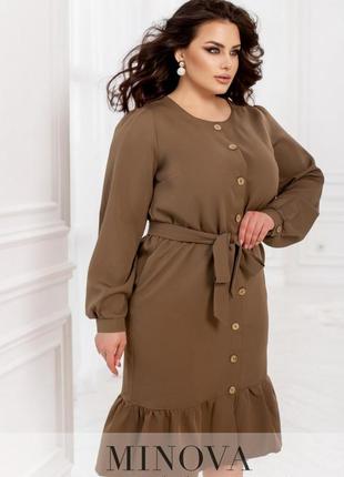 Симпатична коричнева міді-сукня у діловому стилі, великих розмірів від 46 до 68