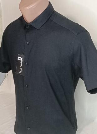 Стильная мужская тенниска лен paul smith vkl-0300 черная приталенная, мужская рубашка с коротким рукавом лен4 фото