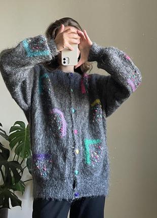 Вінтажний кардиган ручної роботи з мохера мохер вінтаж ручна робота із яскравим вставками светр зимовий новорічний6 фото