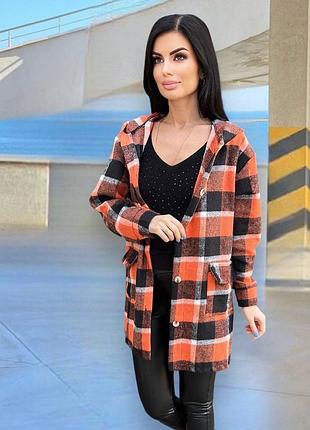 Рубашка в клетку удлиненная (кардиган в клетку) с капюшоном