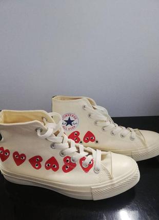 Converse chuck 70 classic high top heart beige comme des garçons бежевые кеды конверс с сердечками5 фото