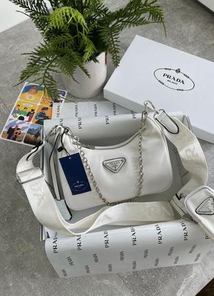 Трендова біла сумочка в стилі prada mini white бренд женская белая стильная сумка нейлон