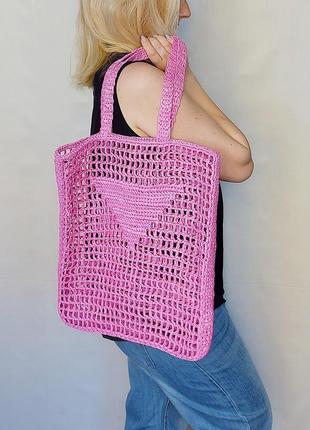 Рожева сумка з рафії в стилі прада ручної роботи, велика палітра кольорів2 фото