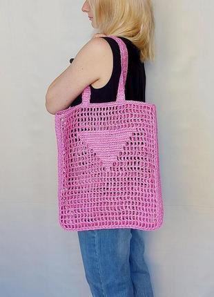 Рожева сумка з рафії в стилі прада ручної роботи, велика палітра кольорів3 фото