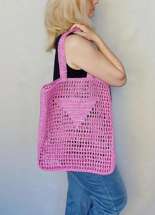 Рожева сумка з рафії в стилі прада ручної роботи, велика палітра кольорів4 фото