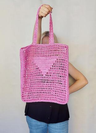 Рожева сумка з рафії в стилі прада ручної роботи, велика палітра кольорів5 фото