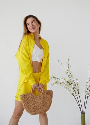 Костюм двойка базовый лен хлопок рубашка и шорты 10 цветов